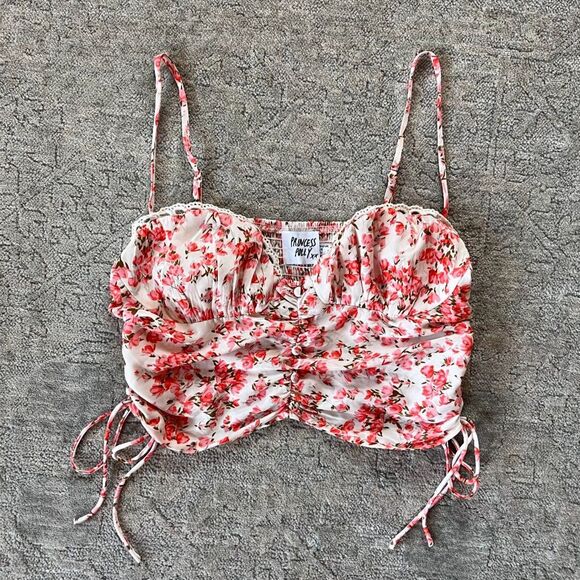 Princess Polly Maddi Top Pink Floral Ruched Lace Trim Crop Tank Women Size L/12 - Picture 2 of 5